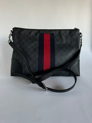 Gucci Soft GG Supreme Monogram Appia Calfskin Web East West Messenger Bag Black Grey