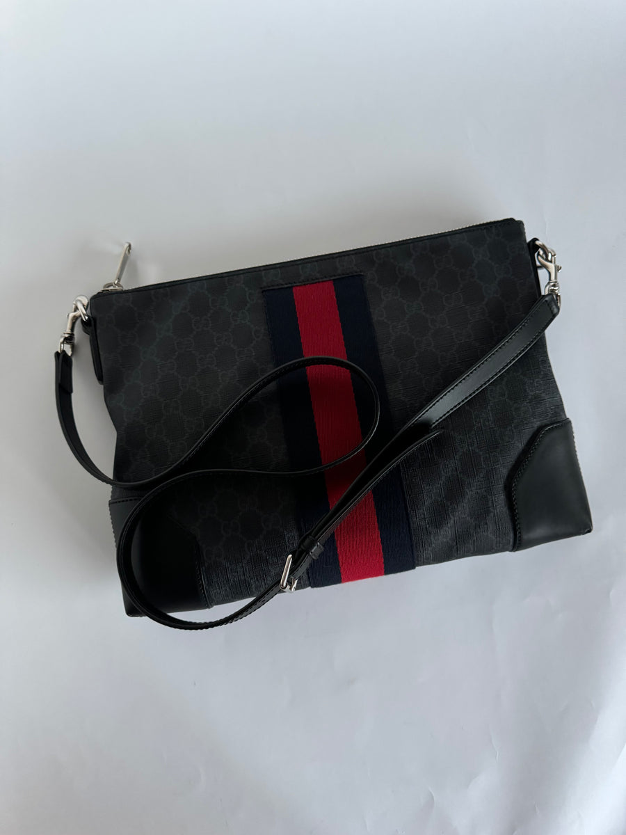 Gucci Soft GG Supreme Monogram Appia Calfskin Web East West Messenger Bag Black Grey