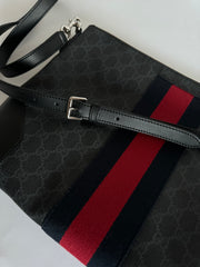 Gucci Soft GG Supreme Monogram Appia Calfskin Web East West Messenger Bag Black Grey