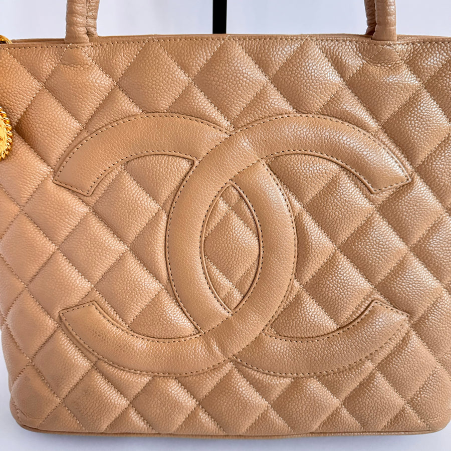 Chanel Caviar Quilted Medallion Tote Beige