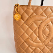 Chanel Caviar Quilted Medallion Tote Beige