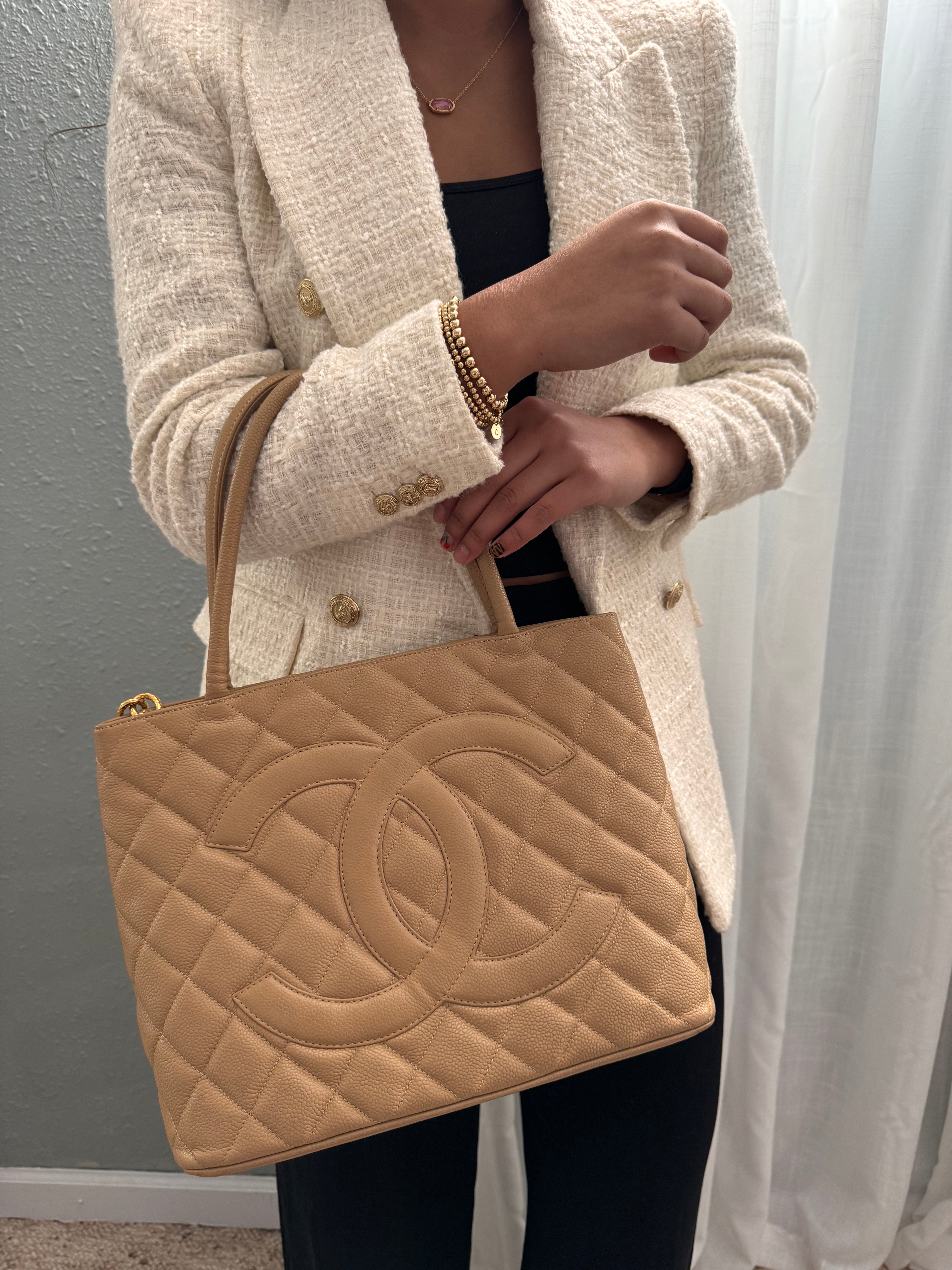 Chanel Caviar Quilted Medallion Tote Beige