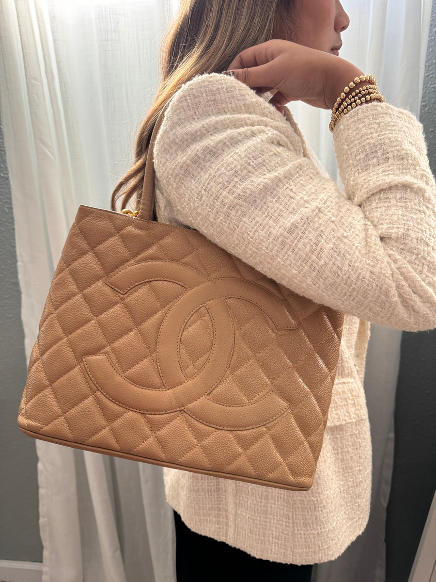 Chanel Caviar Quilted Medallion Tote Beige