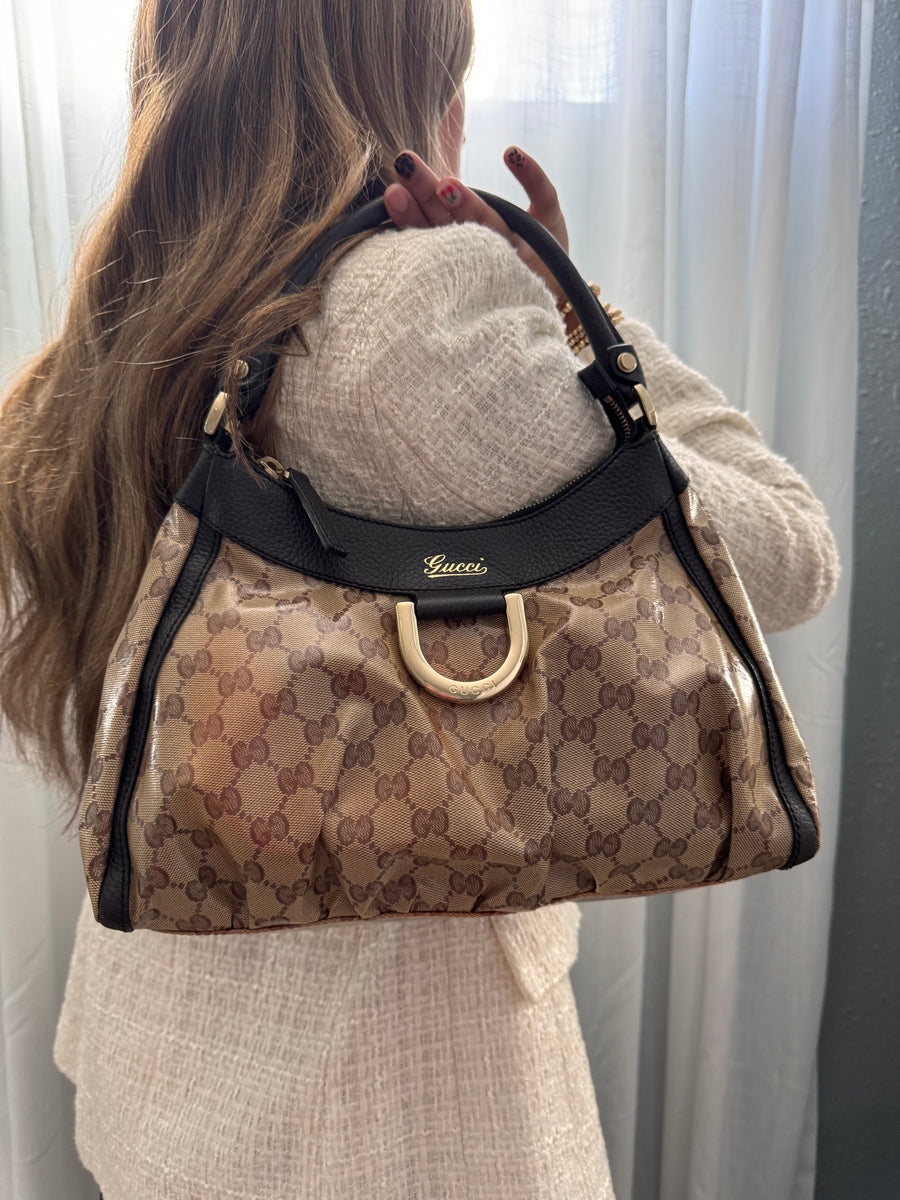 Gucci GG Crystal Coated Canvas Abbey Shoulder Bag small brown