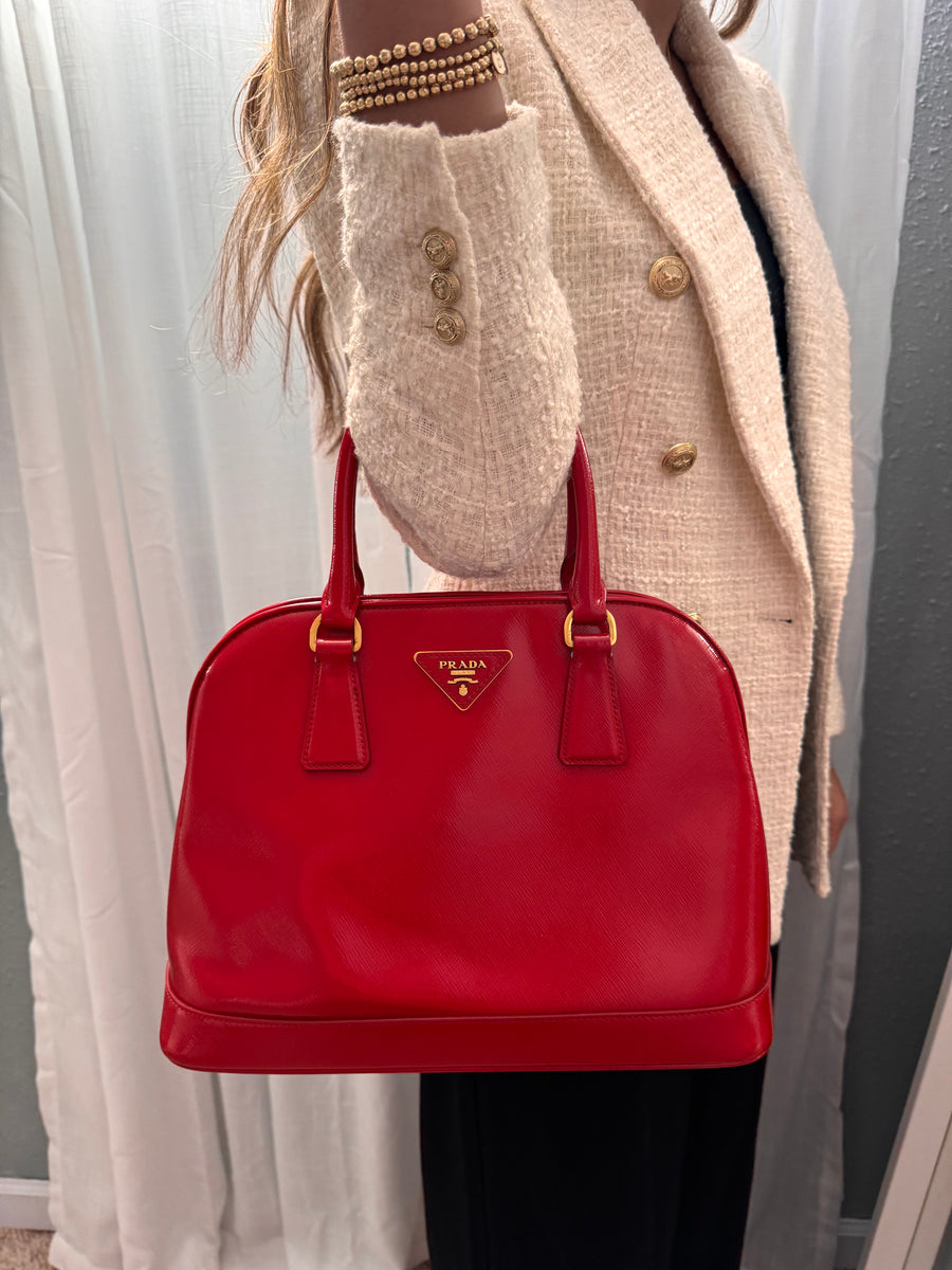 Prada Saffiano Vernice Open Promenade Tote - Rosso Medium