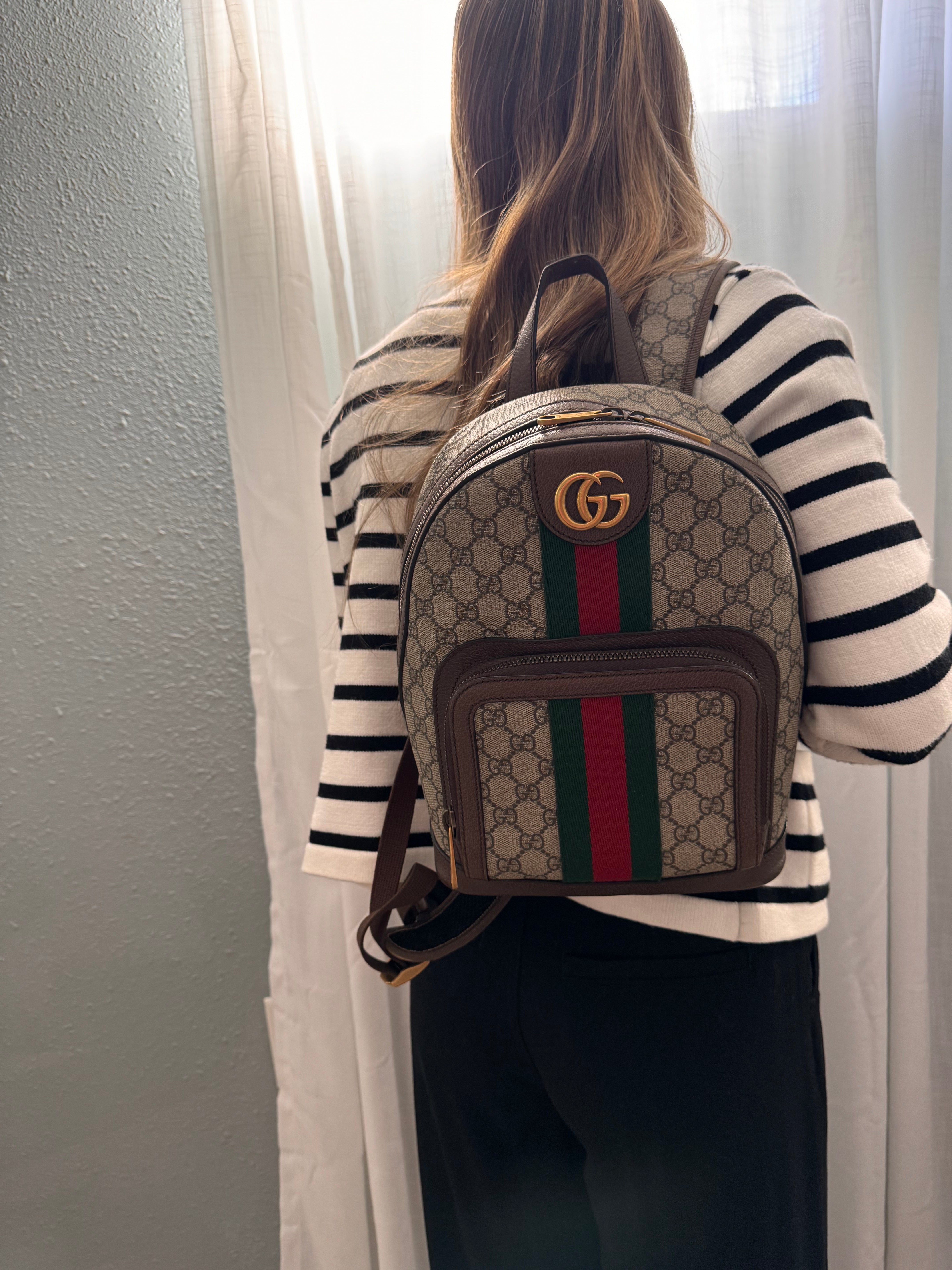 Gucci GG Supreme Monogram Calfskin Web Small Ophidia Day Backpack Beige Ebony New Acero