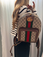 Gucci GG Supreme Monogram Calfskin Web Small Ophidia Day Backpack Beige Ebony New Acero