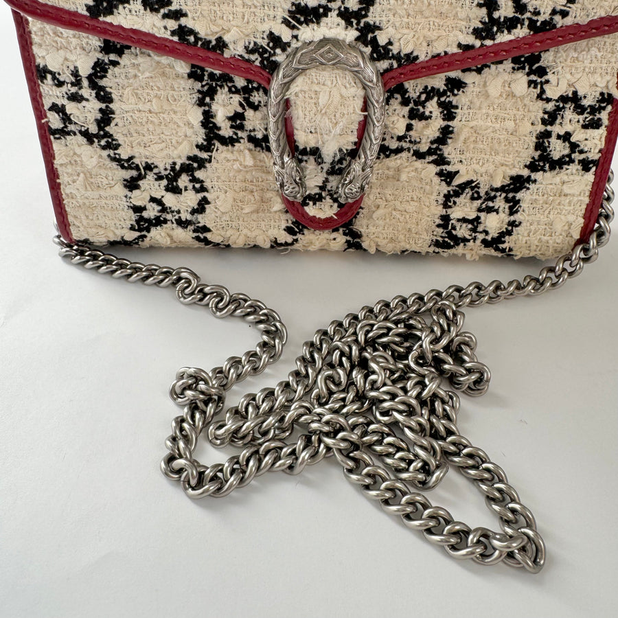 Gucci Tweed GG Monogram Mini Dionysus Wallet on Chain Bag White Black Romantic Cherry