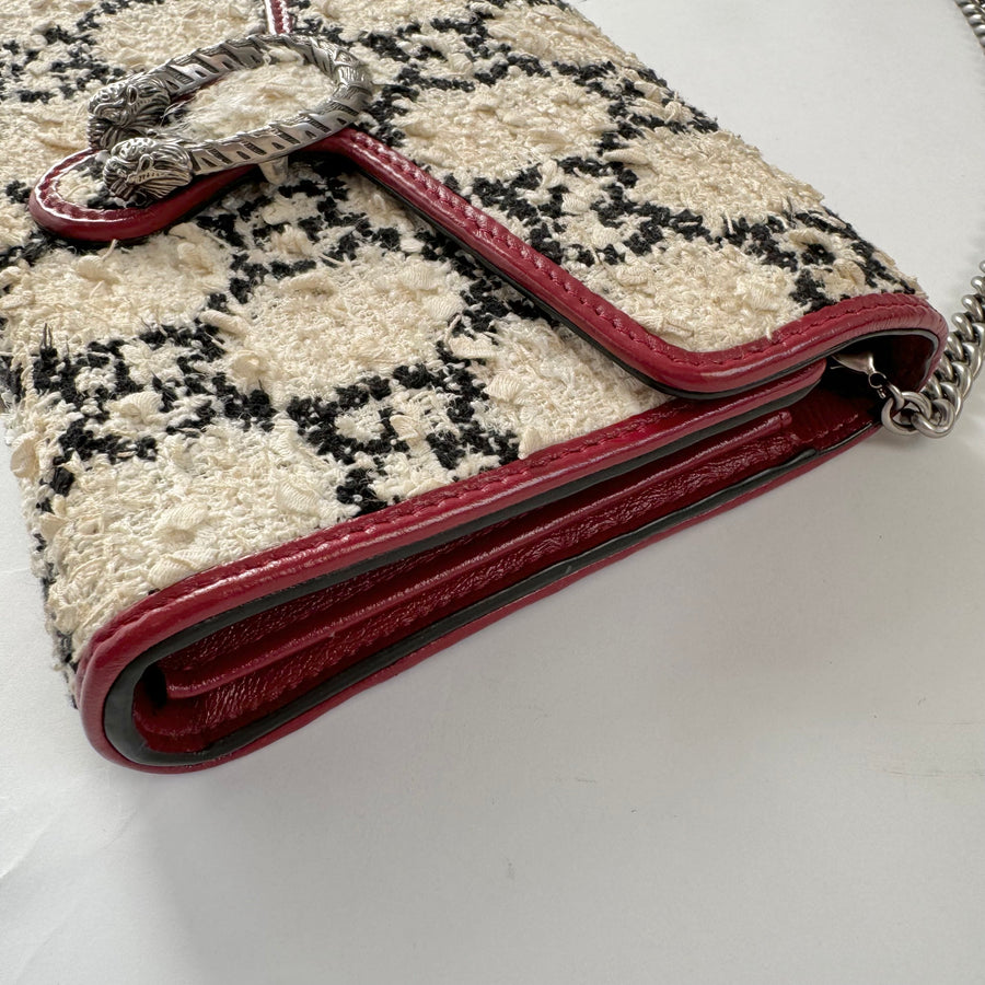 Gucci Tweed GG Monogram Mini Dionysus Wallet on Chain Bag White Black Romantic Cherry